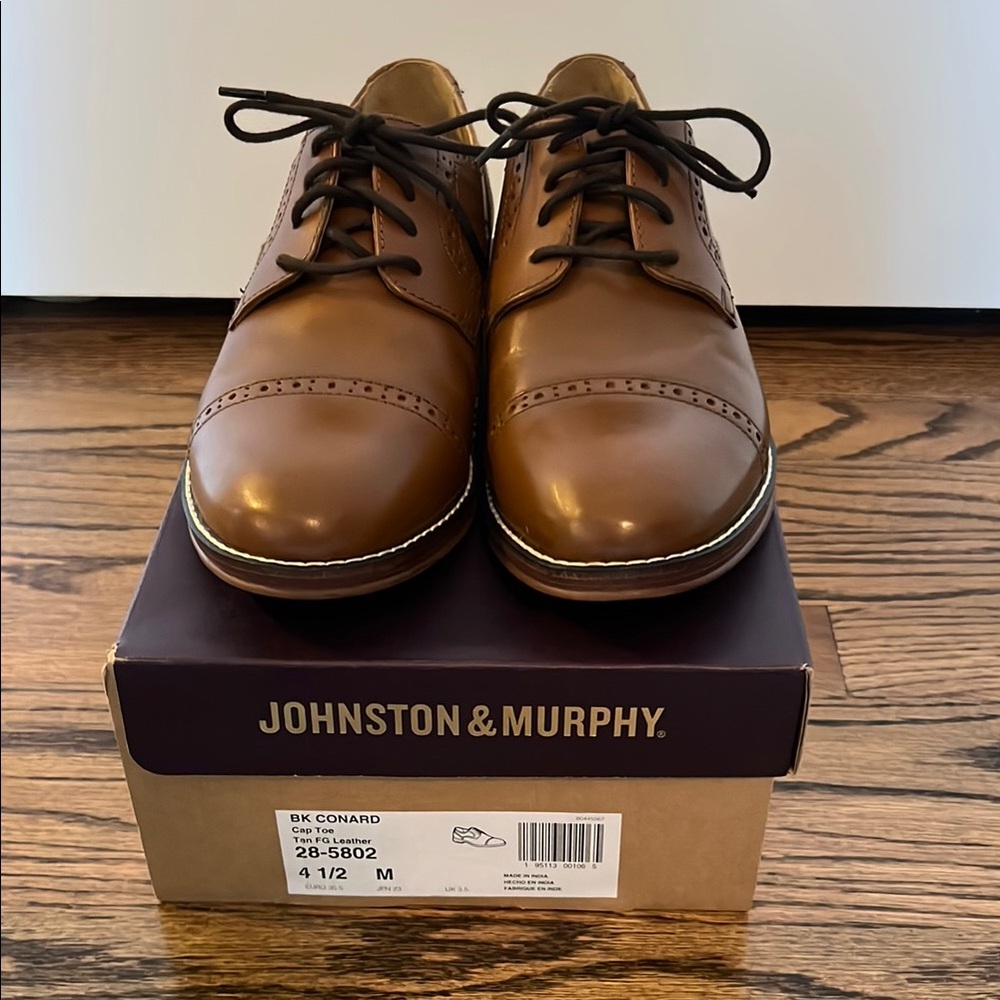 Boys Tan Johnston & Murphy Dress Shoes, worn once, size 4.5 big kid